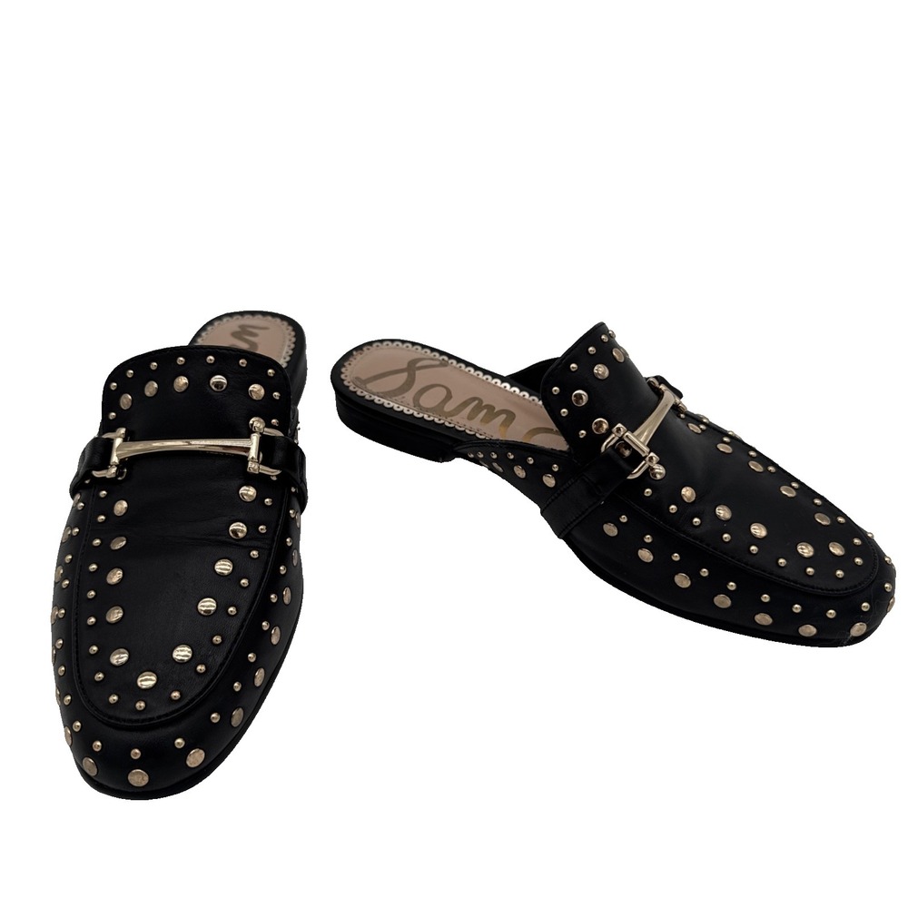 Sam Edelman Marilyn Mules Womens 6.5 M Black Leather Gold Studded Horsebit Flat‎